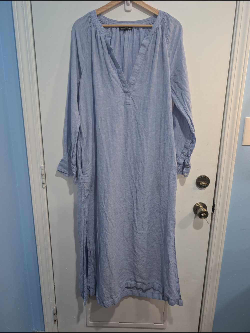 J. Crew Cabana Blue Long-Sleeve Linen Maxi Dress Pockets Medium *Missing Belt - Picture 3 of 8